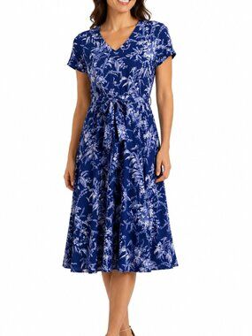 Talbots Blue Floral V-Neck Midi Dress with Waist Tie and Short Sleeves Size 8